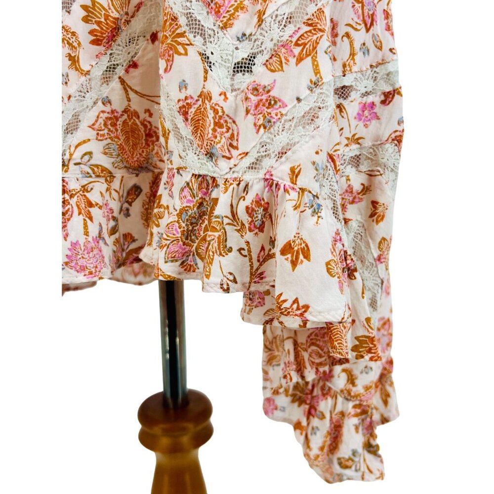 Free People White Orange Floral Voile & Lace Mini Dress | Coastal Cowgirl Boho M - Picture 5 of 16